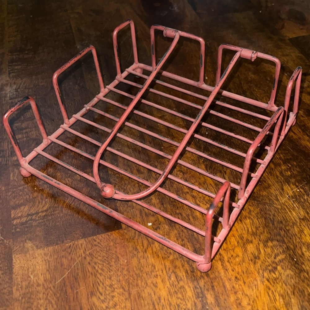 Vintage Distressed Metal Napkin Holder Stand Red Rustic Kitchen Counter Decor